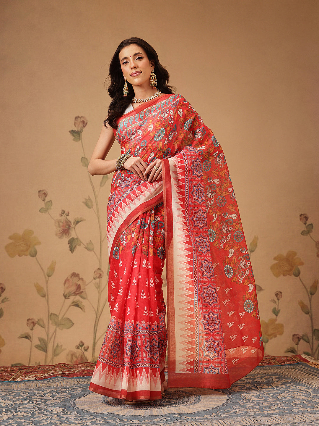 Trendy Paithani Printed Cotton Blend Saree with Floral Design