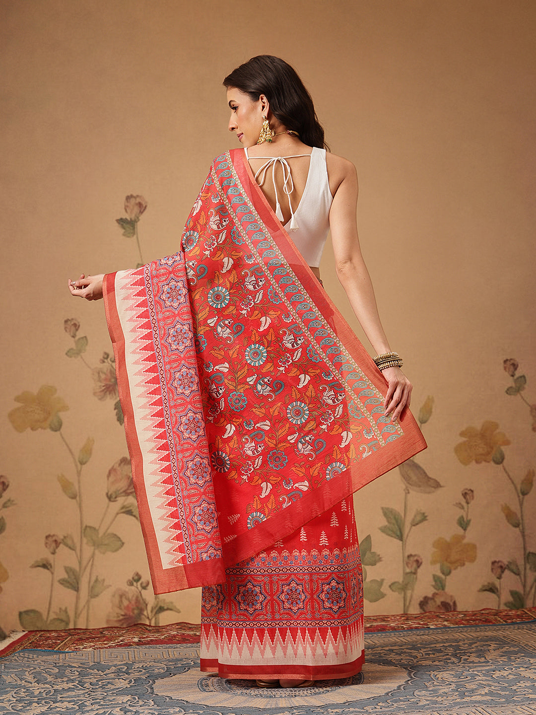 Trendy Paithani Printed Cotton Blend Saree with Floral Design
