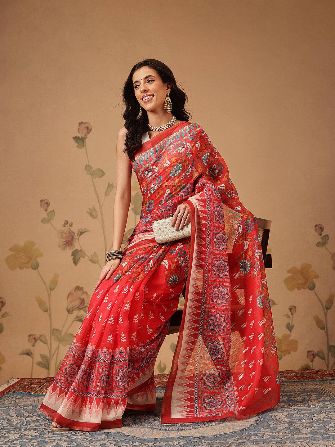 Trendy Paithani Printed Cotton Blend Saree with Floral Design