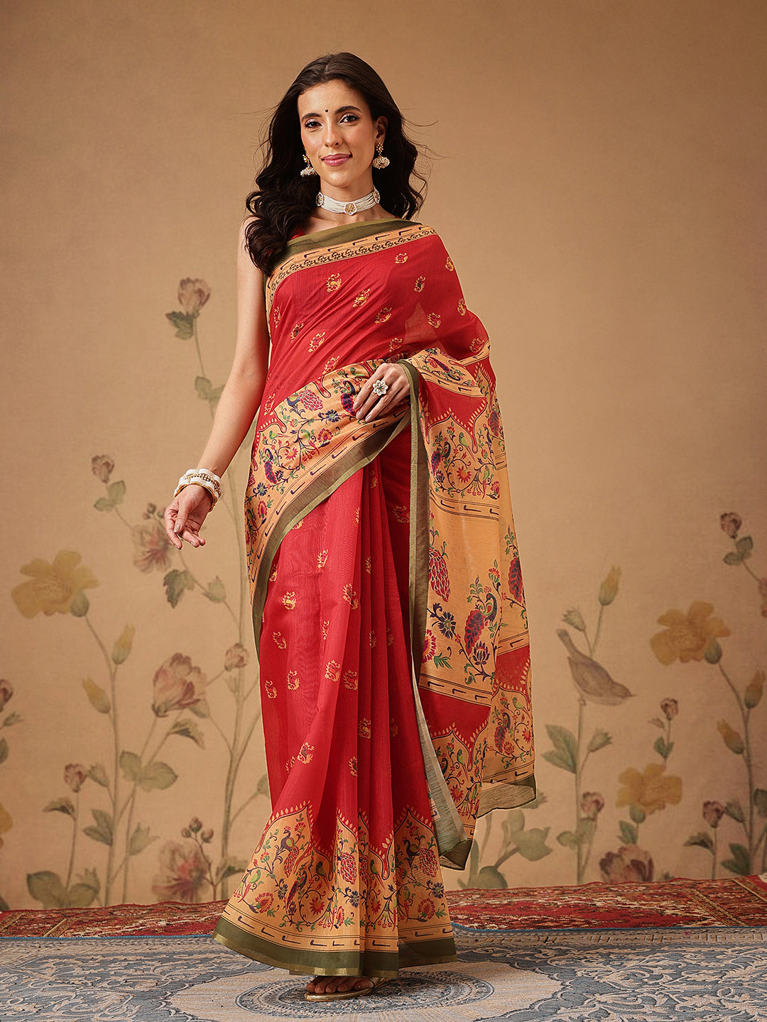 Floral Paithani Printed Cotton Blend Saree with Contrast Pallu
