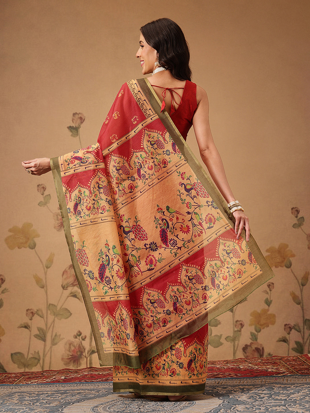 Floral Paithani Printed Cotton Blend Saree with Contrast Pallu