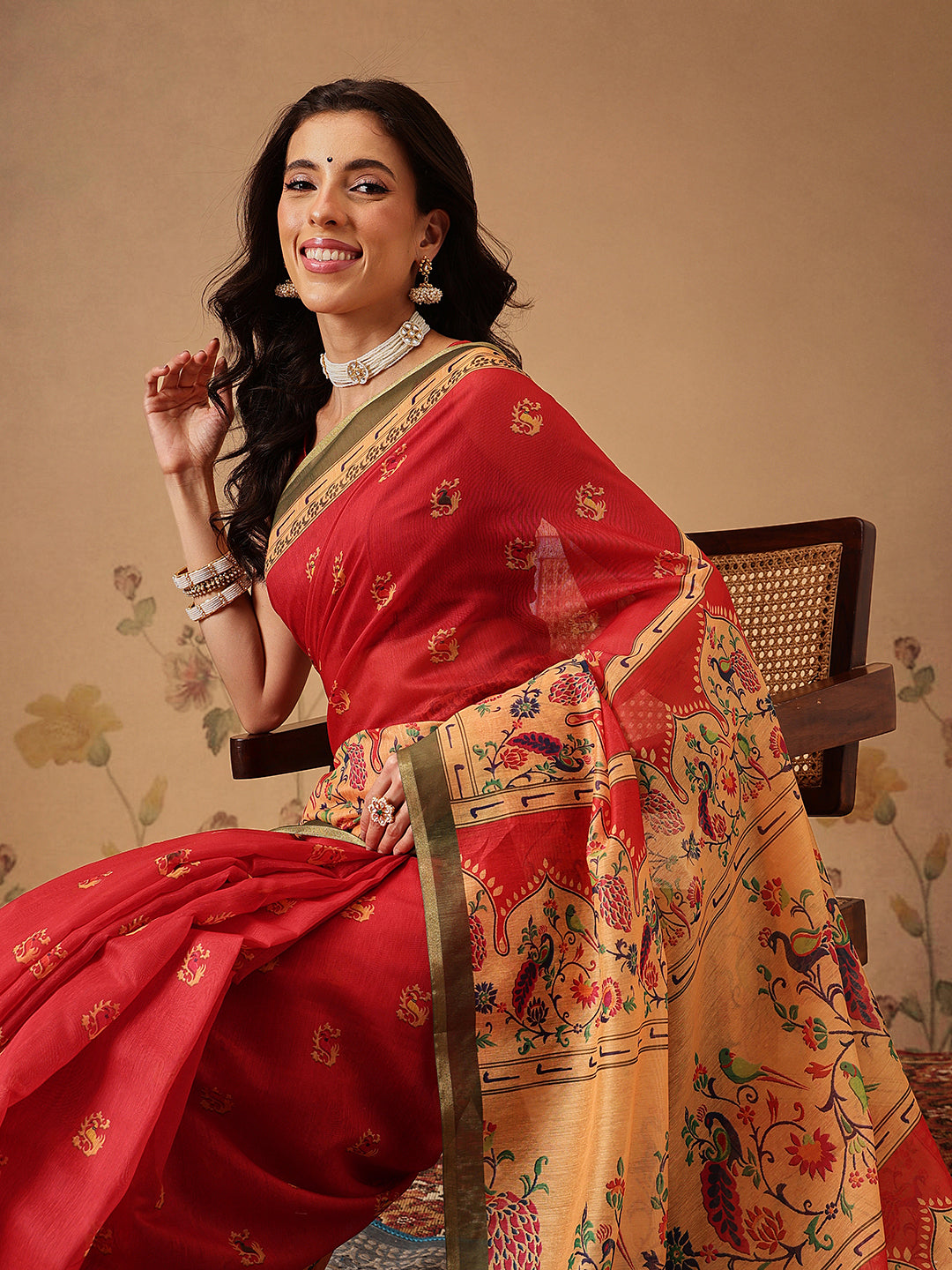 Floral Paithani Printed Cotton Blend Saree with Contrast Pallu