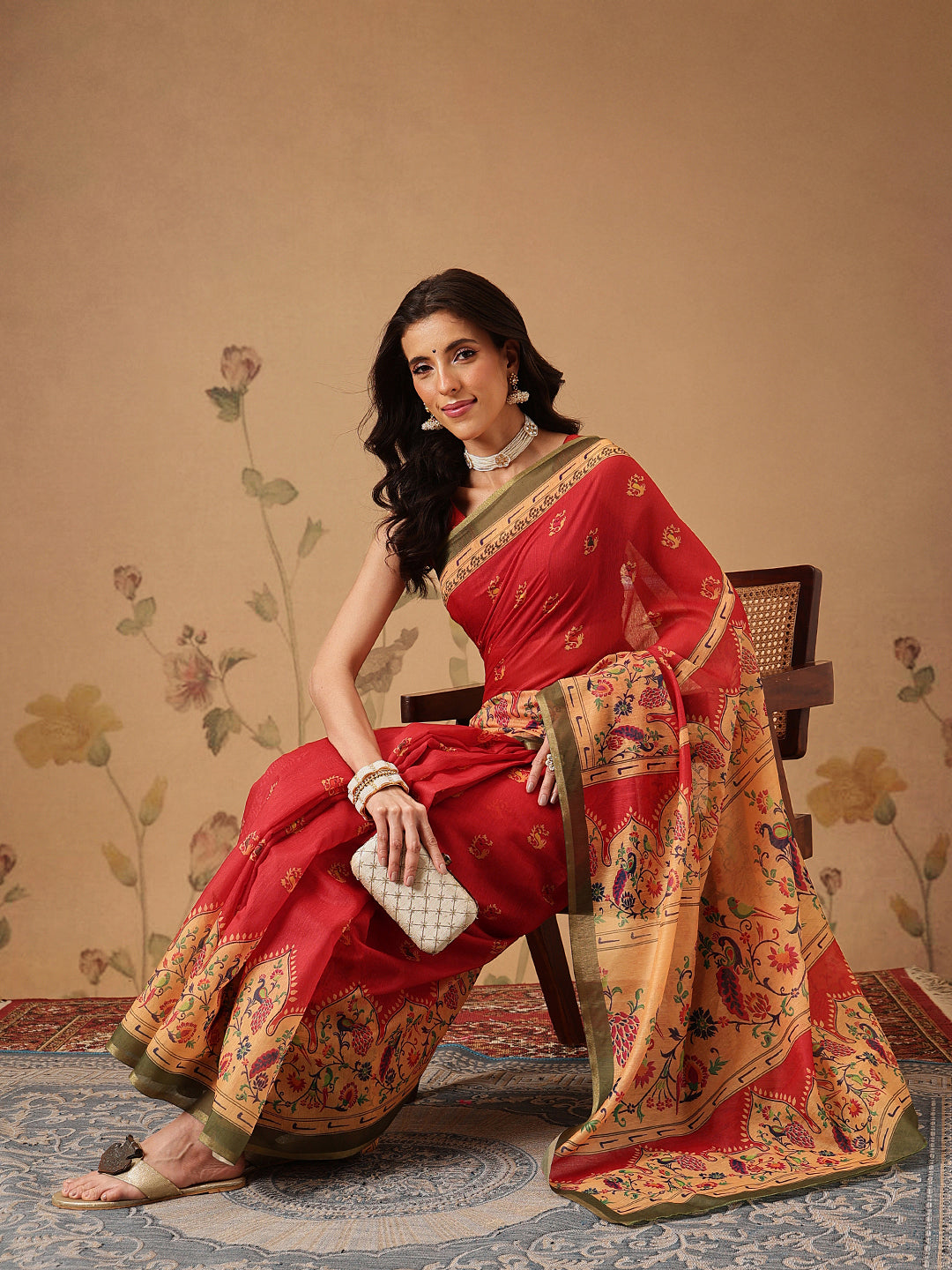 Floral Paithani Printed Cotton Blend Saree with Contrast Pallu