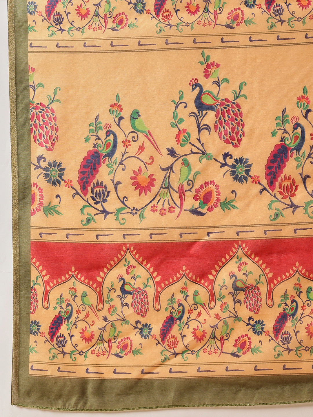 Floral Paithani Printed Cotton Blend Saree with Contrast Pallu
