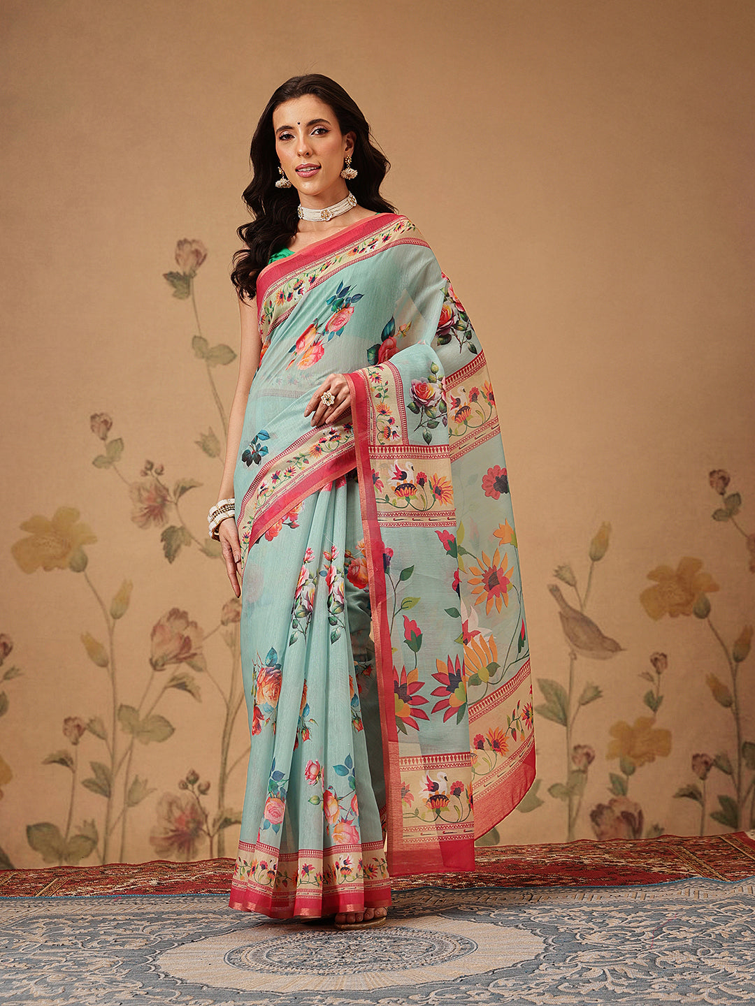Elegant Paithani Printed Cotton Blend Saree with Zari Border