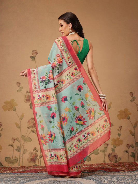 Elegant Paithani Printed Cotton Blend Saree with Zari Border