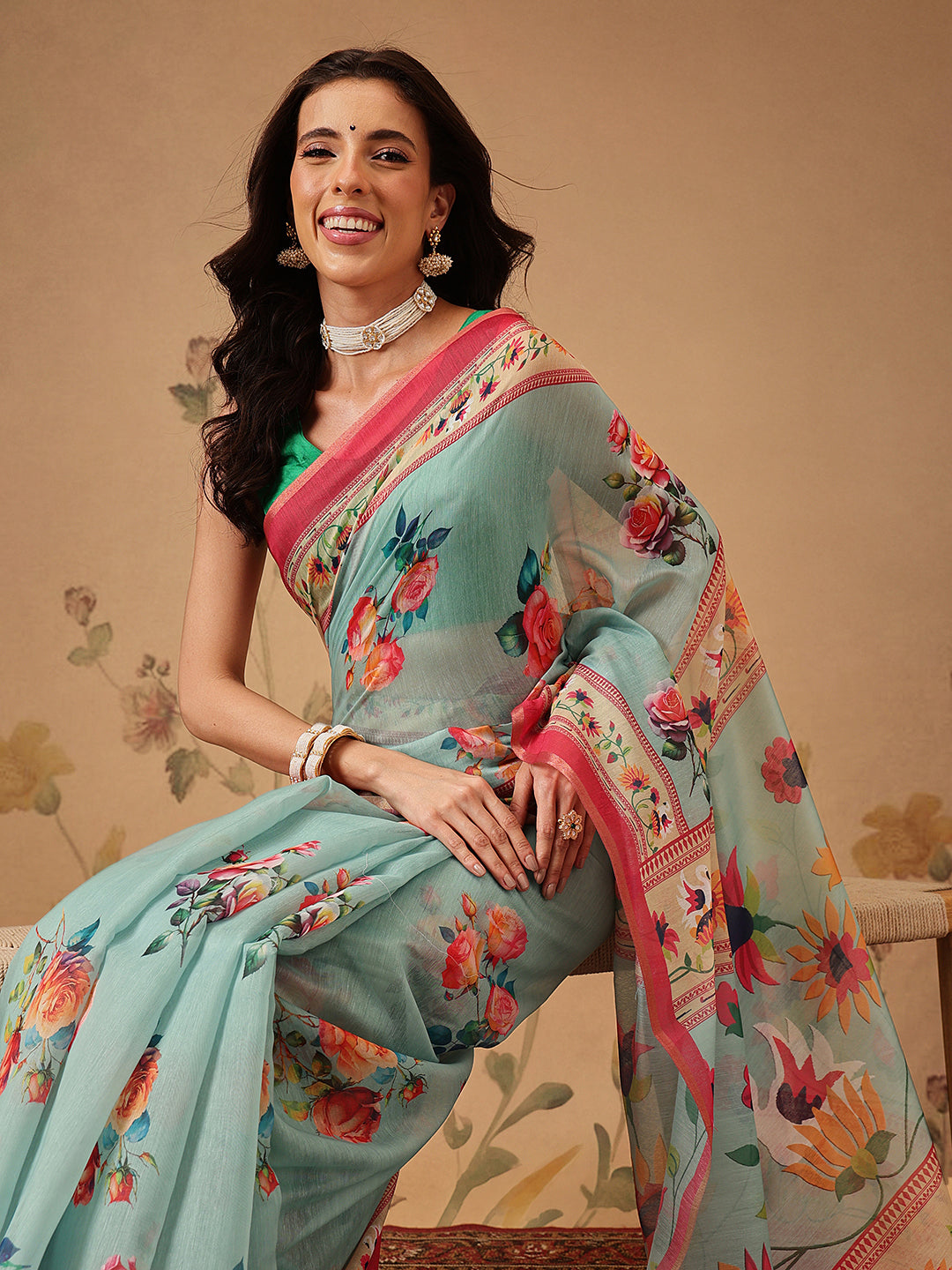 Elegant Paithani Printed Cotton Blend Saree with Zari Border