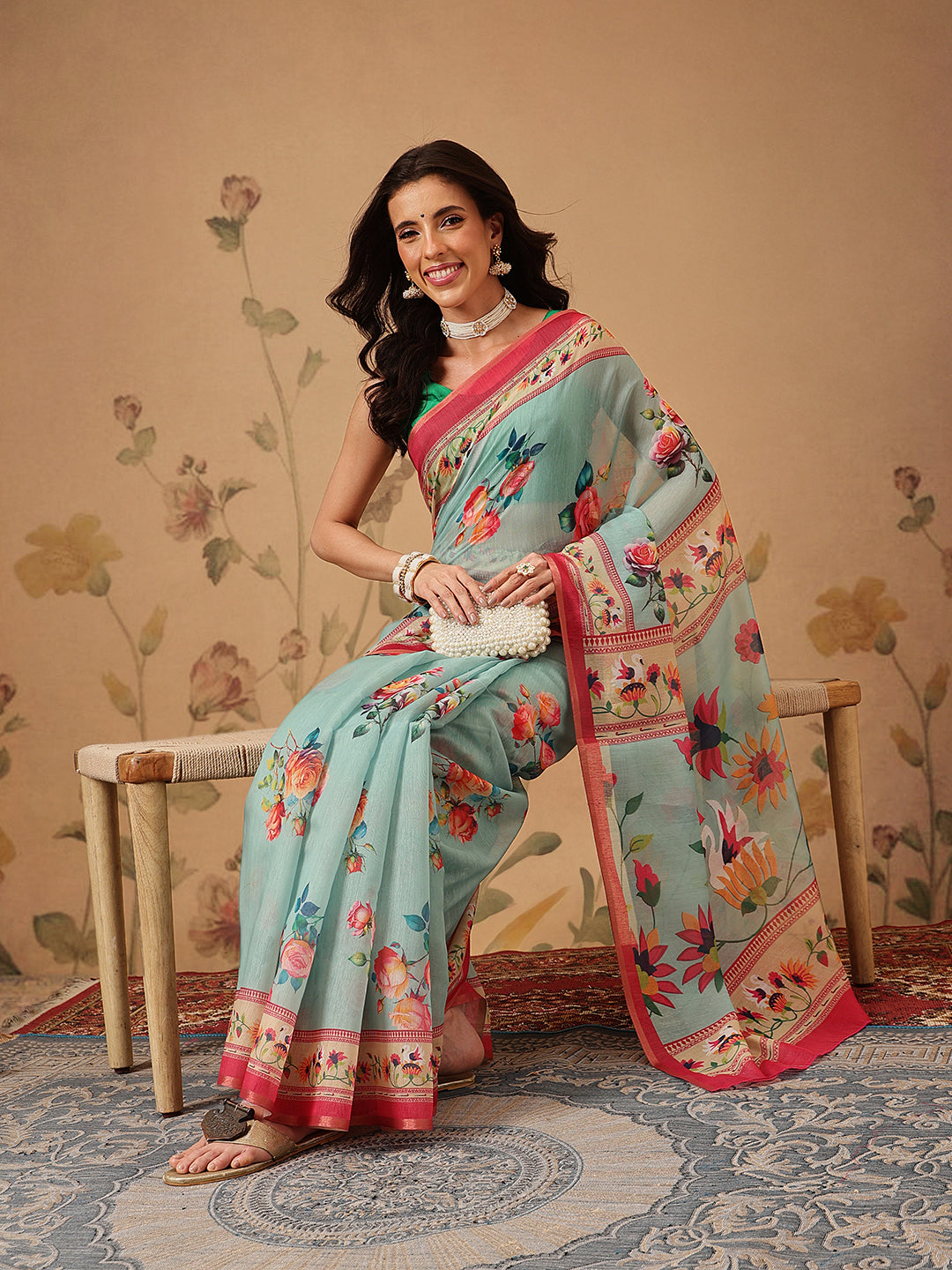 Elegant Paithani Printed Cotton Blend Saree with Zari Border