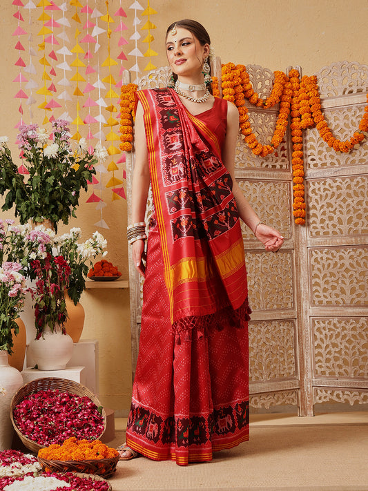 Double Ikkat Patola Printed Saree with Weaving Border & Pallu