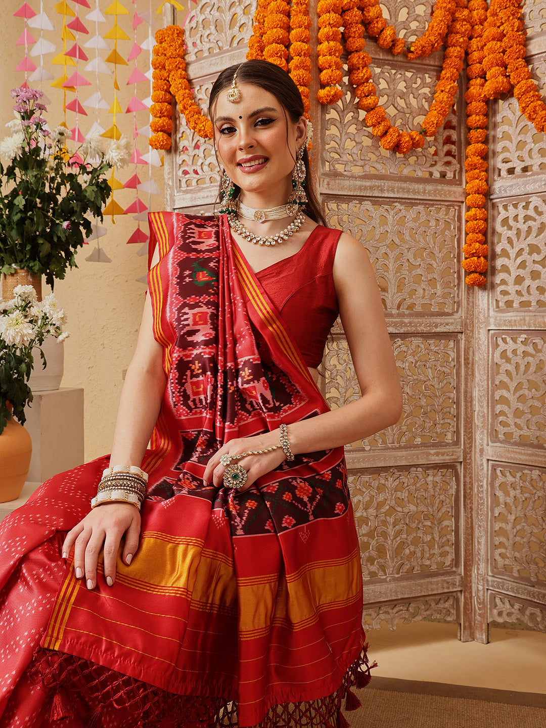 Double Ikkat Patola Printed Saree with Weaving Border & Pallu