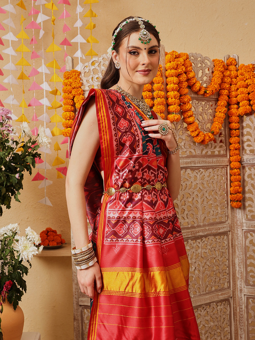 Double Ikkat Patola Printed Saree with Weaving Border & Pallu