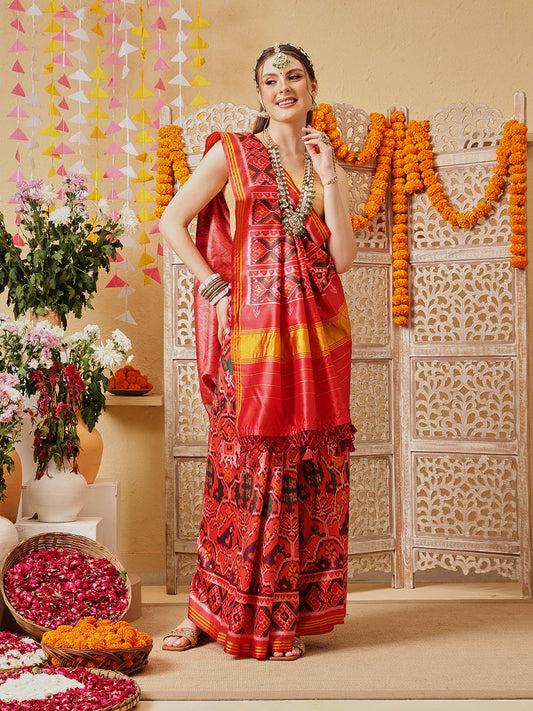 Double Ikkat Patola Printed Saree with Weaving Border & Pallu