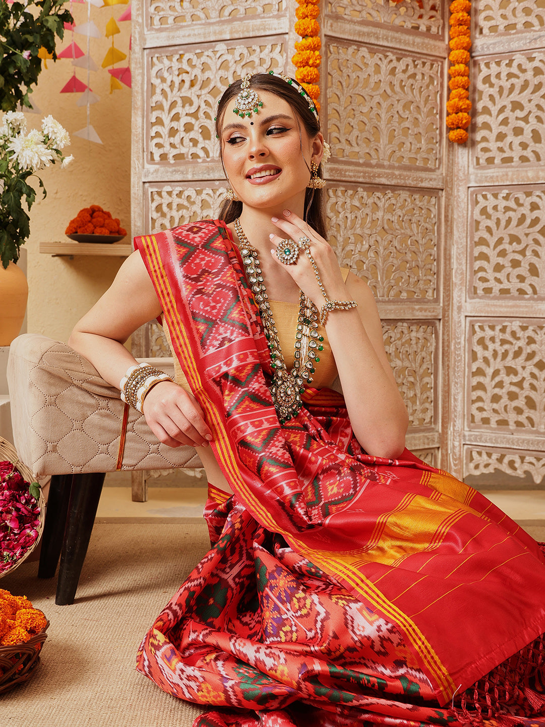 Double Ikkat Patola Printed Saree with Weaving Border & Pallu