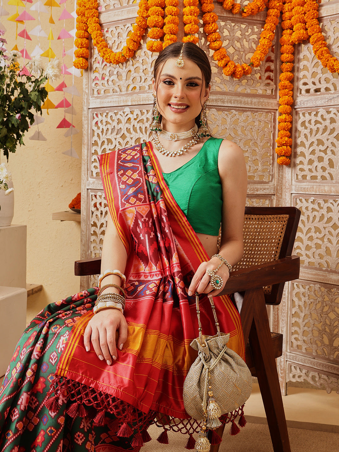 Double Ikkat Patola Printed Saree with Weaving Border & Pallu