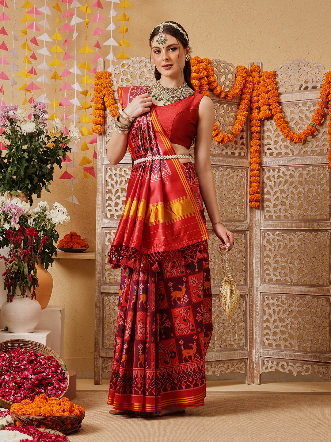 Double Ikkat Patola Printed Saree with Weaving Border & Pallu