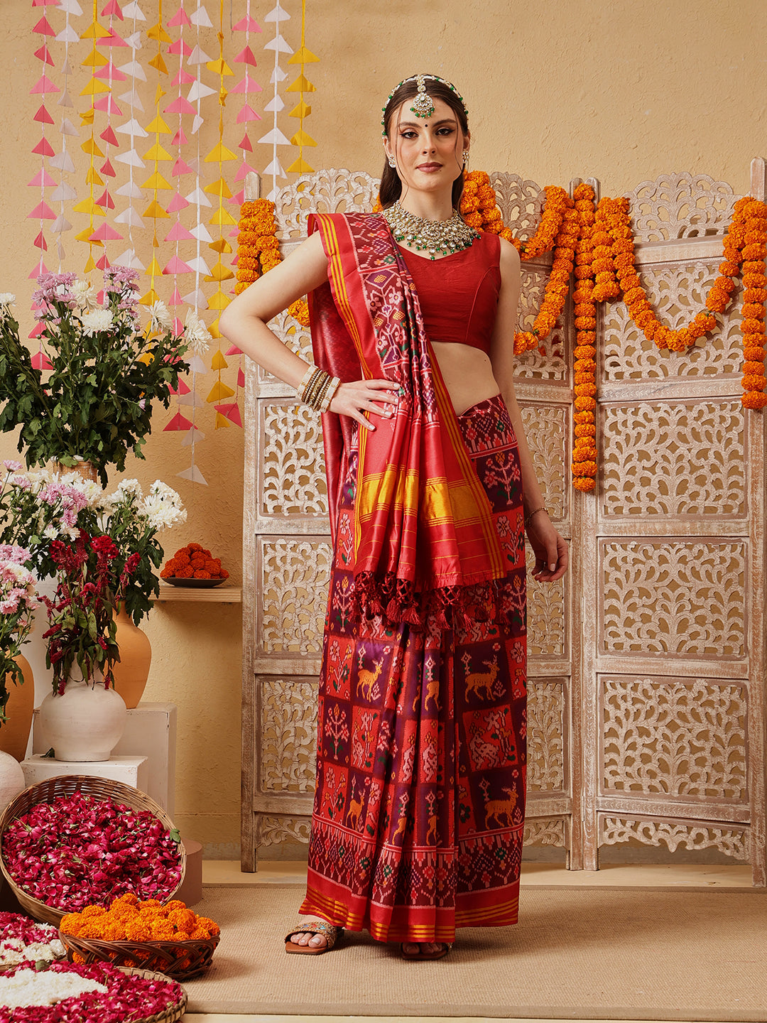 Double Ikkat Patola Printed Saree with Weaving Border & Pallu