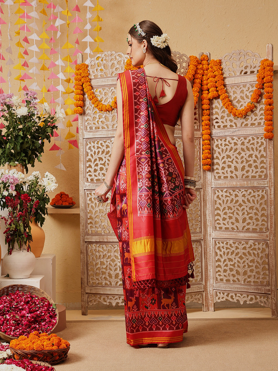 Double Ikkat Patola Printed Saree with Weaving Border & Pallu