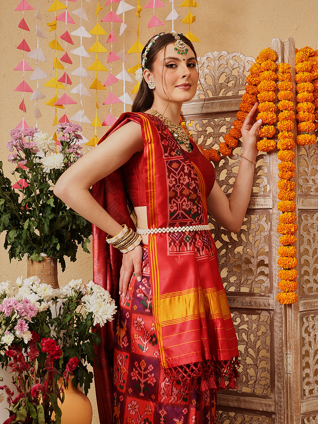 Double Ikkat Patola Printed Saree with Weaving Border & Pallu