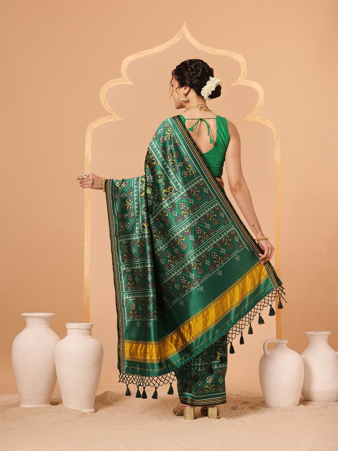 Multicolored Patola Twill Weave Saree for Women with Lagdi Patta Pallu and Tassel