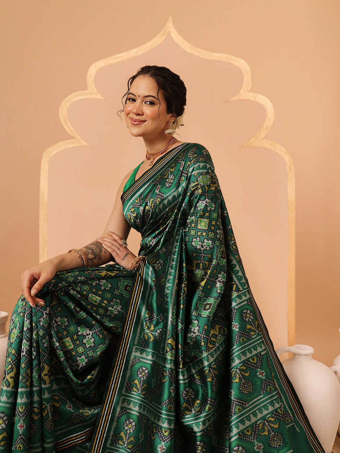 Multicolored Patola Twill Weave Saree for Women with Lagdi Patta Pallu and Tassel