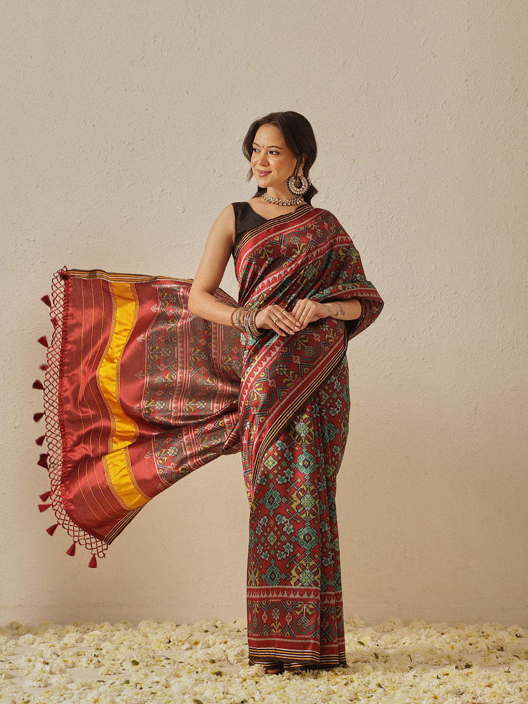 Multicolored Patola Twill Weave Saree for Women with Lagdi Patta Pallu and Tassel