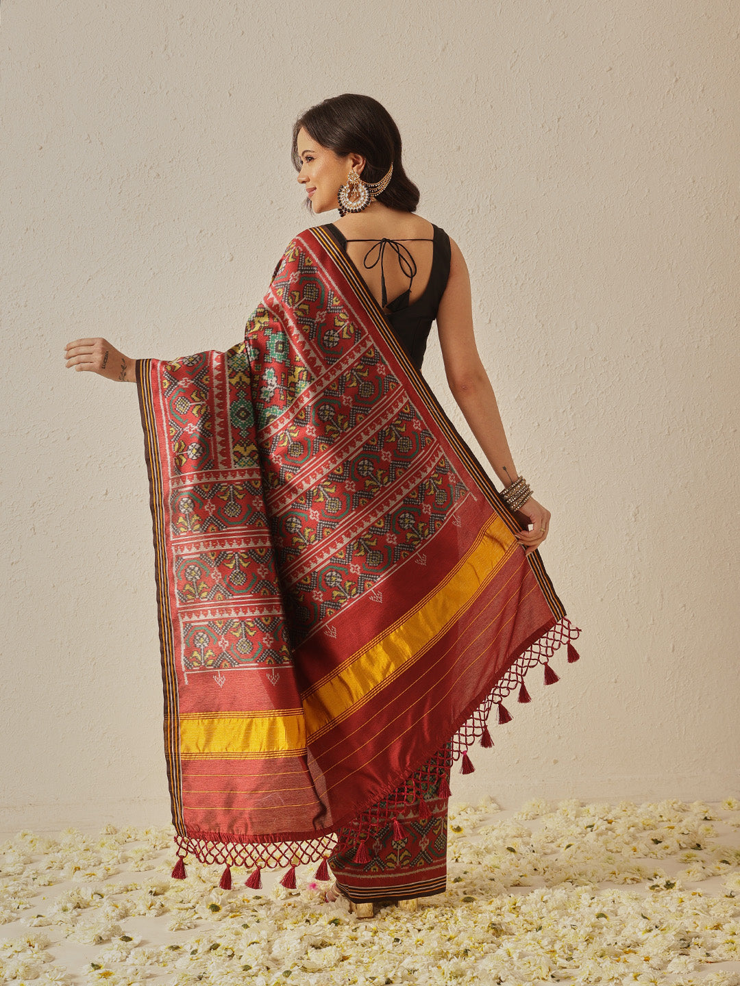 Multicolored Patola Twill Weave Saree for Women with Lagdi Patta Pallu and Tassel