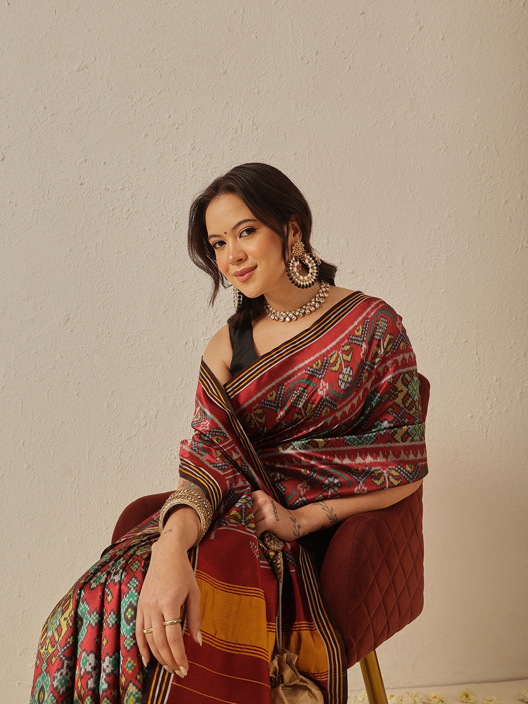 Multicolored Patola Twill Weave Saree for Women with Lagdi Patta Pallu and Tassel