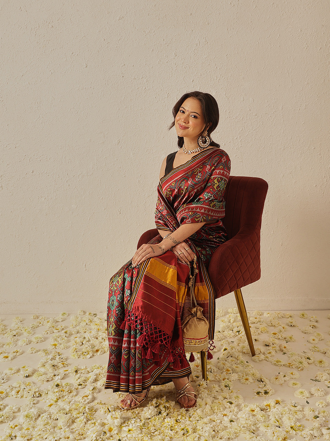 Multicolored Patola Twill Weave Saree for Women with Lagdi Patta Pallu and Tassel