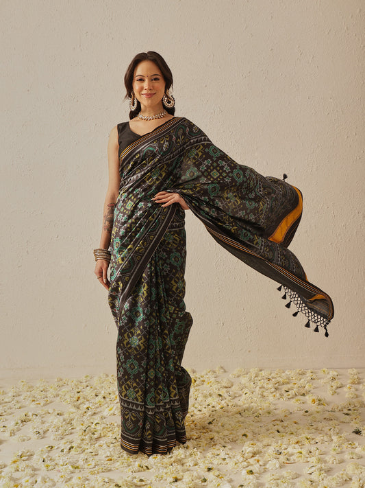 Multicolored Patola Twill Weave Saree for Women with Lagdi Patta Pallu and Tassel
