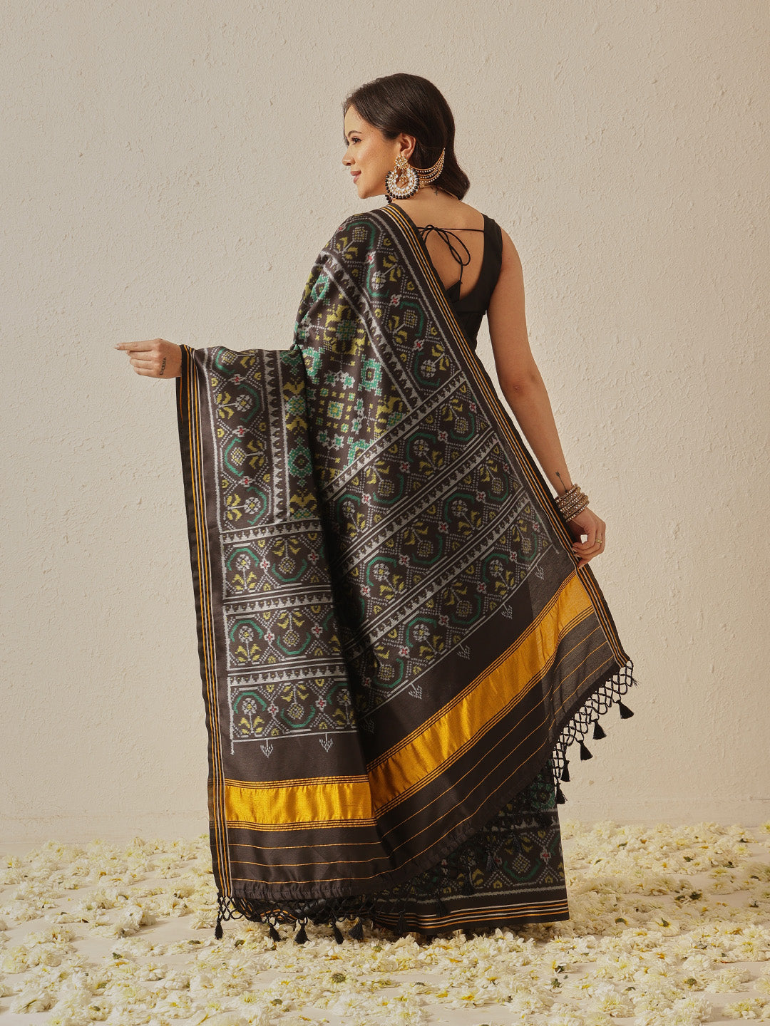 Multicolored Patola Twill Weave Saree for Women with Lagdi Patta Pallu and Tassel