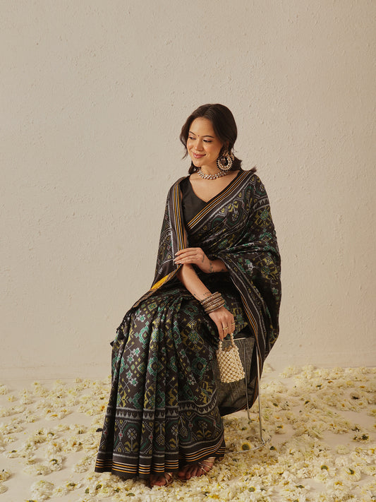 Multicolored Patola Twill Weave Saree for Women with Lagdi Patta Pallu and Tassel
