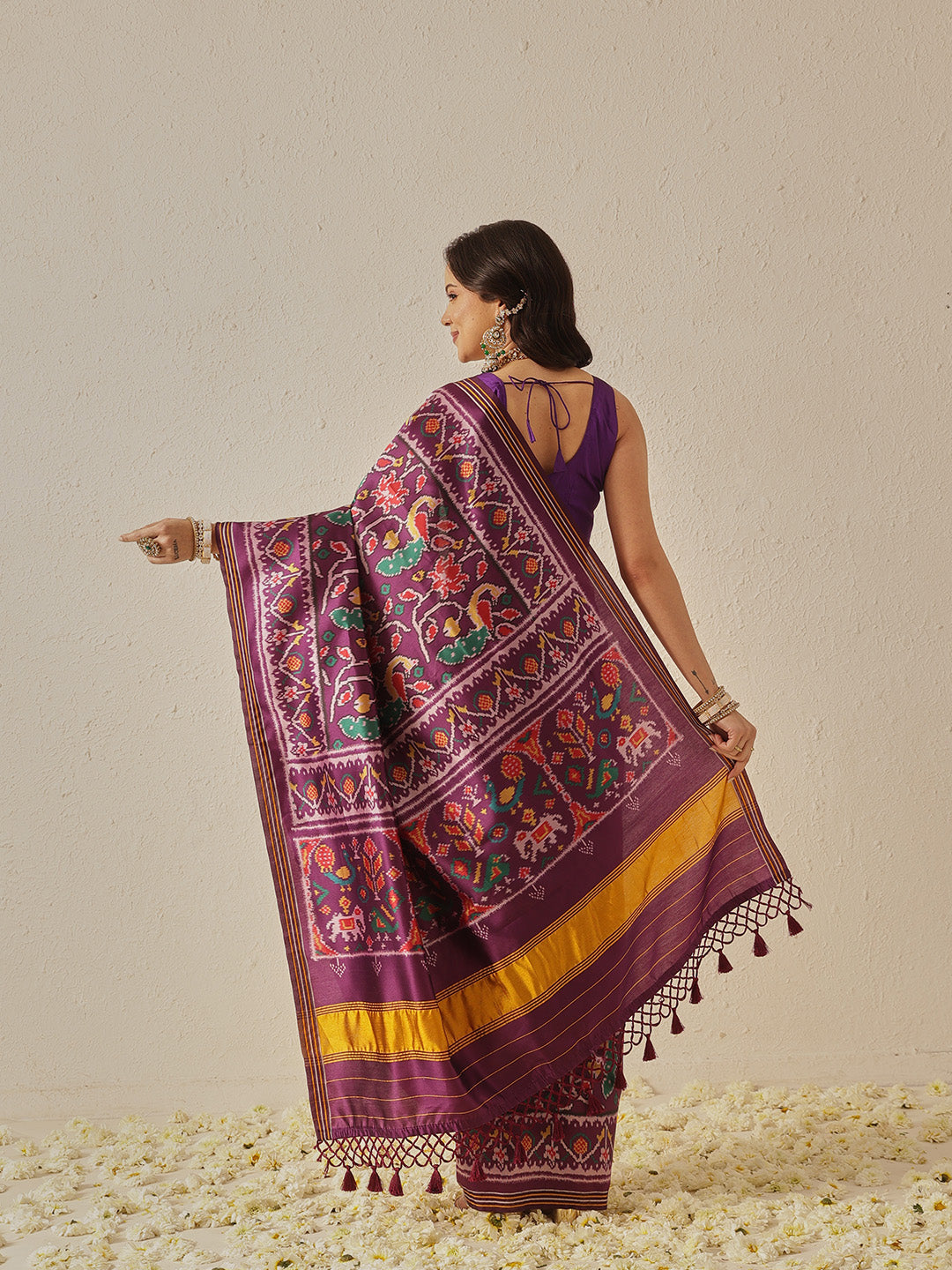 Multicolored Patola Twill Weave Saree for Women with Lagdi Patta Pallu and Tassel