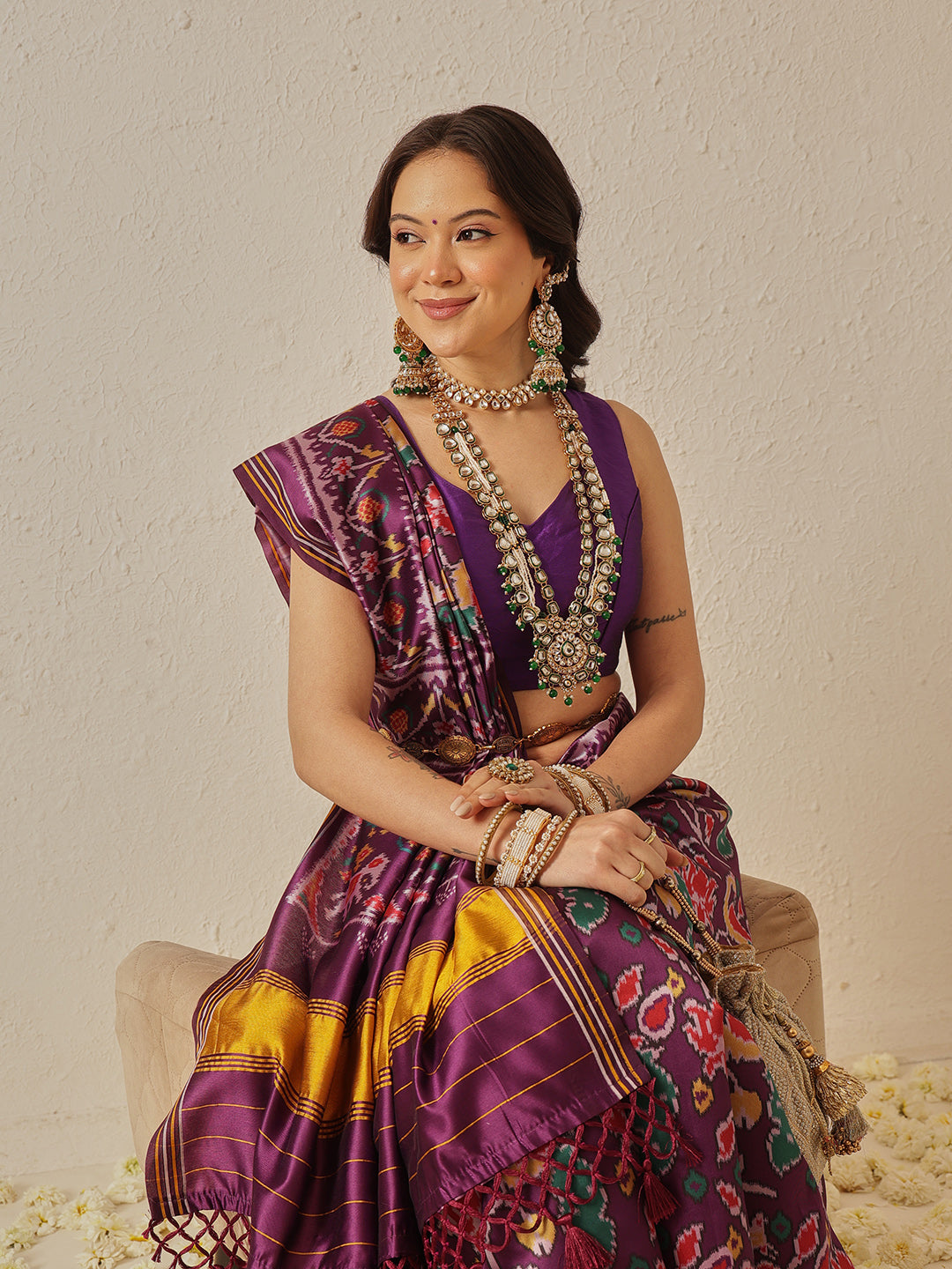 Multicolored Patola Twill Weave Saree for Women with Lagdi Patta Pallu and Tassel