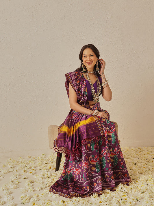 Multicolored Patola Twill Weave Saree for Women with Lagdi Patta Pallu and Tassel