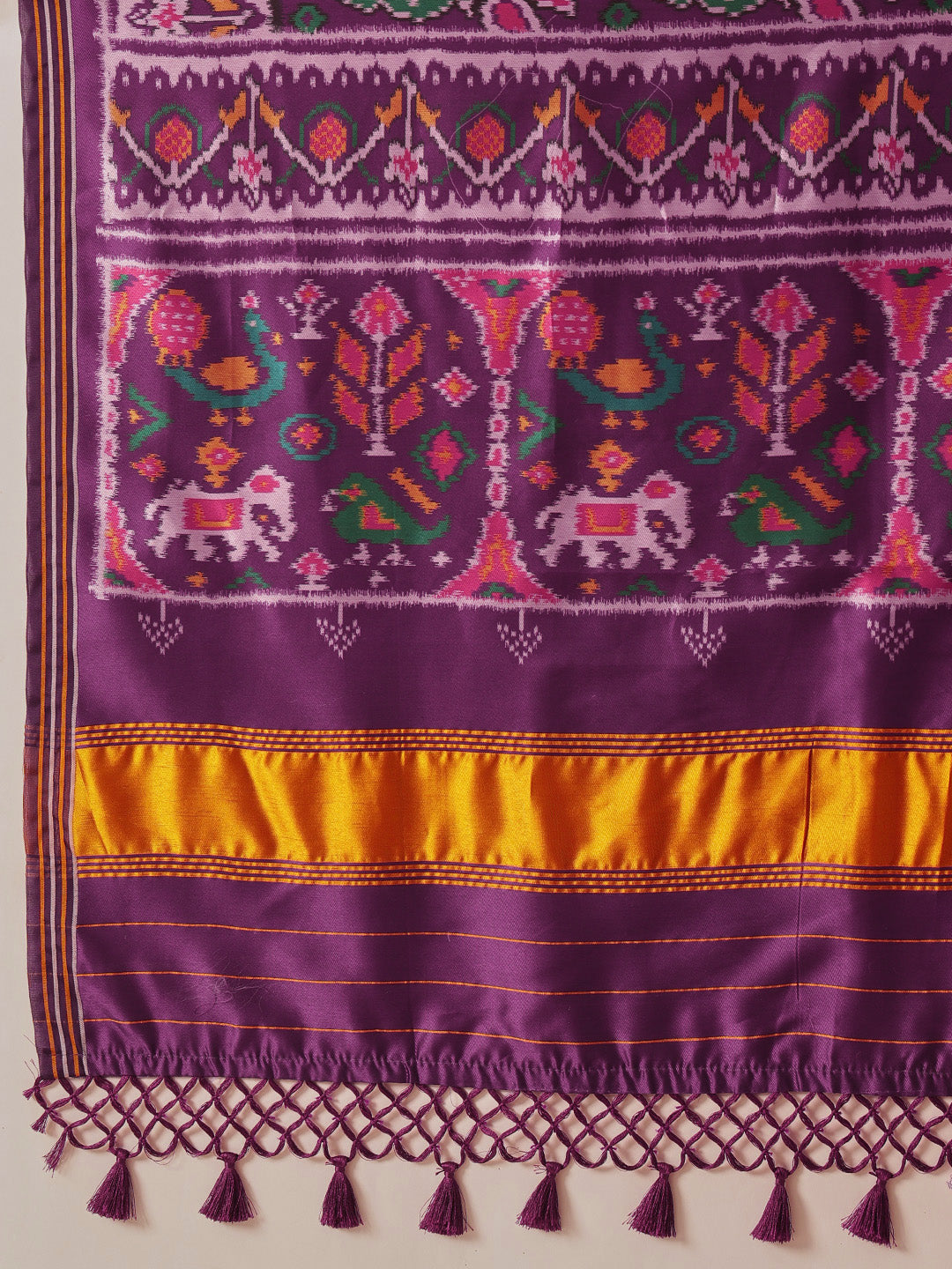Multicolored Patola Twill Weave Saree for Women with Lagdi Patta Pallu and Tassel