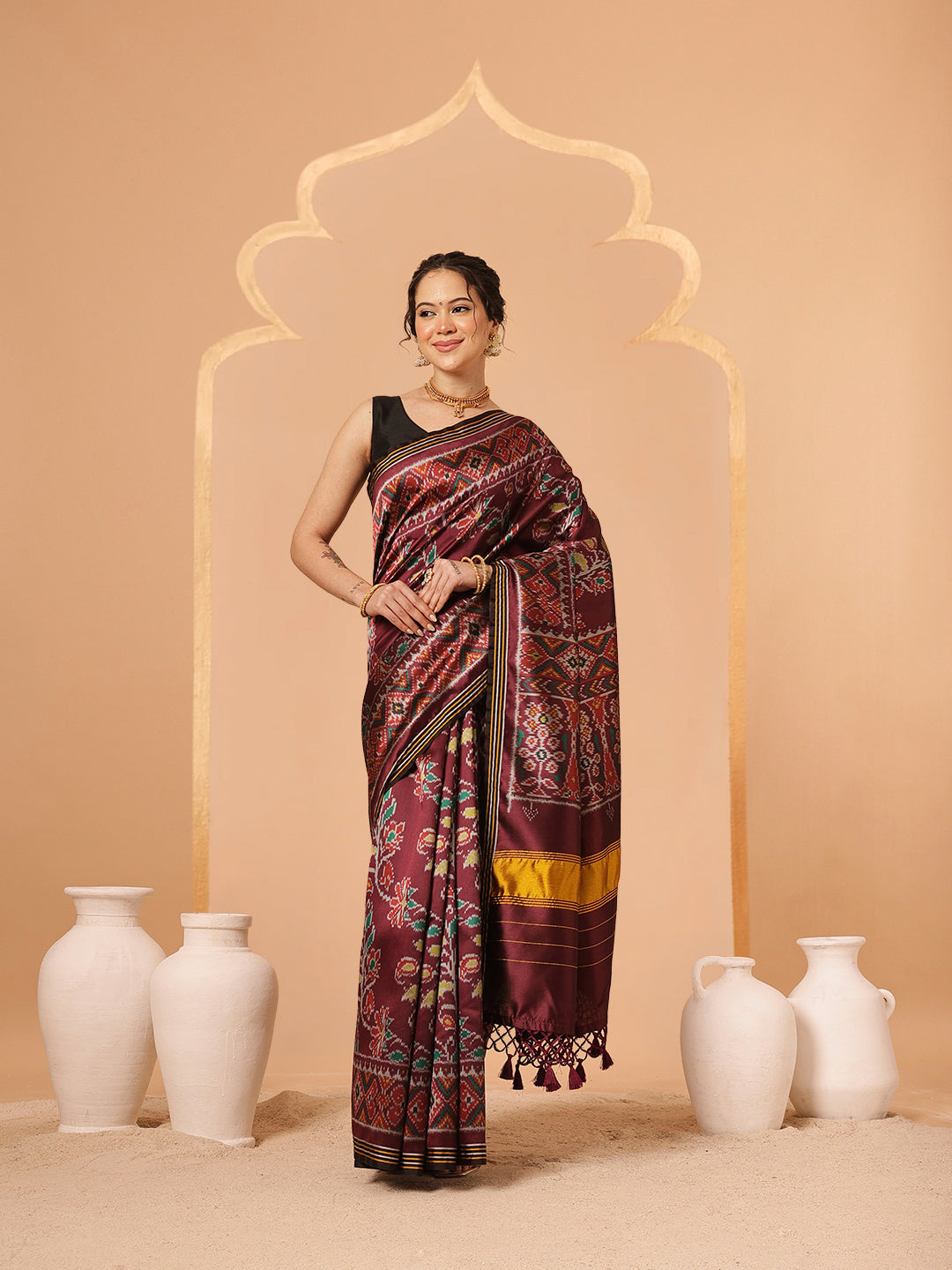 Multicolored Patola Twill Weave Saree for Women with Lagdi Patta Pallu and Tassel