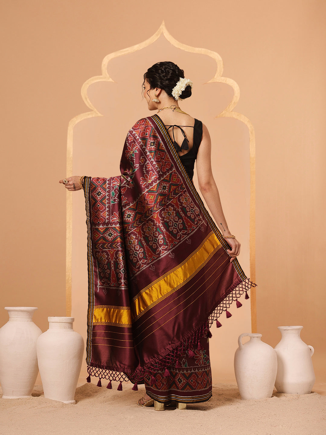 Multicolored Patola Twill Weave Saree for Women with Lagdi Patta Pallu and Tassel