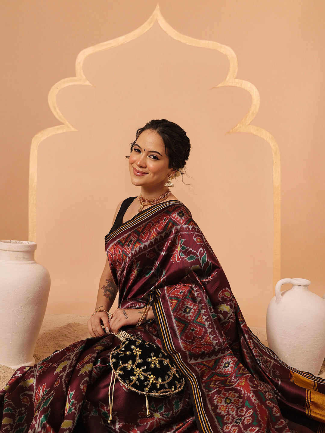 Multicolored Patola Twill Weave Saree for Women with Lagdi Patta Pallu and Tassel