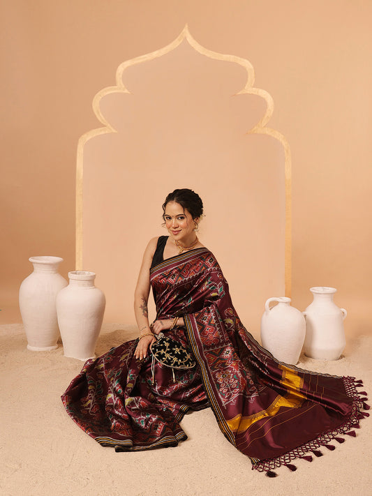 Multicolored Patola Twill Weave Saree for Women with Lagdi Patta Pallu and Tassel