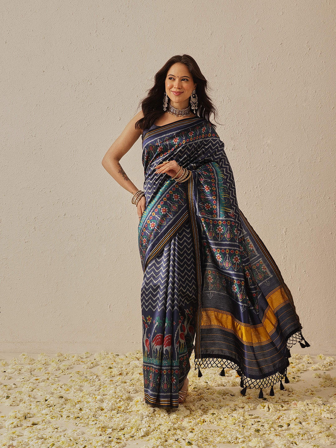 Multicolored Patola Twill Weave Saree for Women with Lagdi Patta Pallu and Tassel