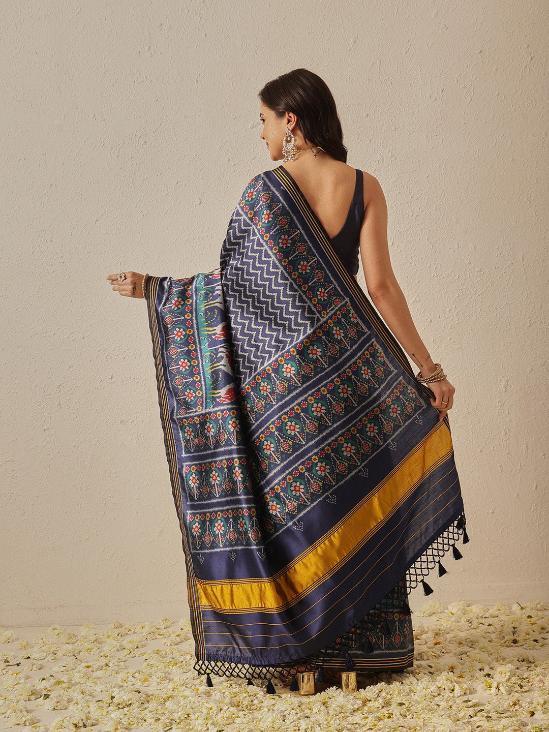 Multicolored Patola Twill Weave Saree for Women with Lagdi Patta Pallu and Tassel