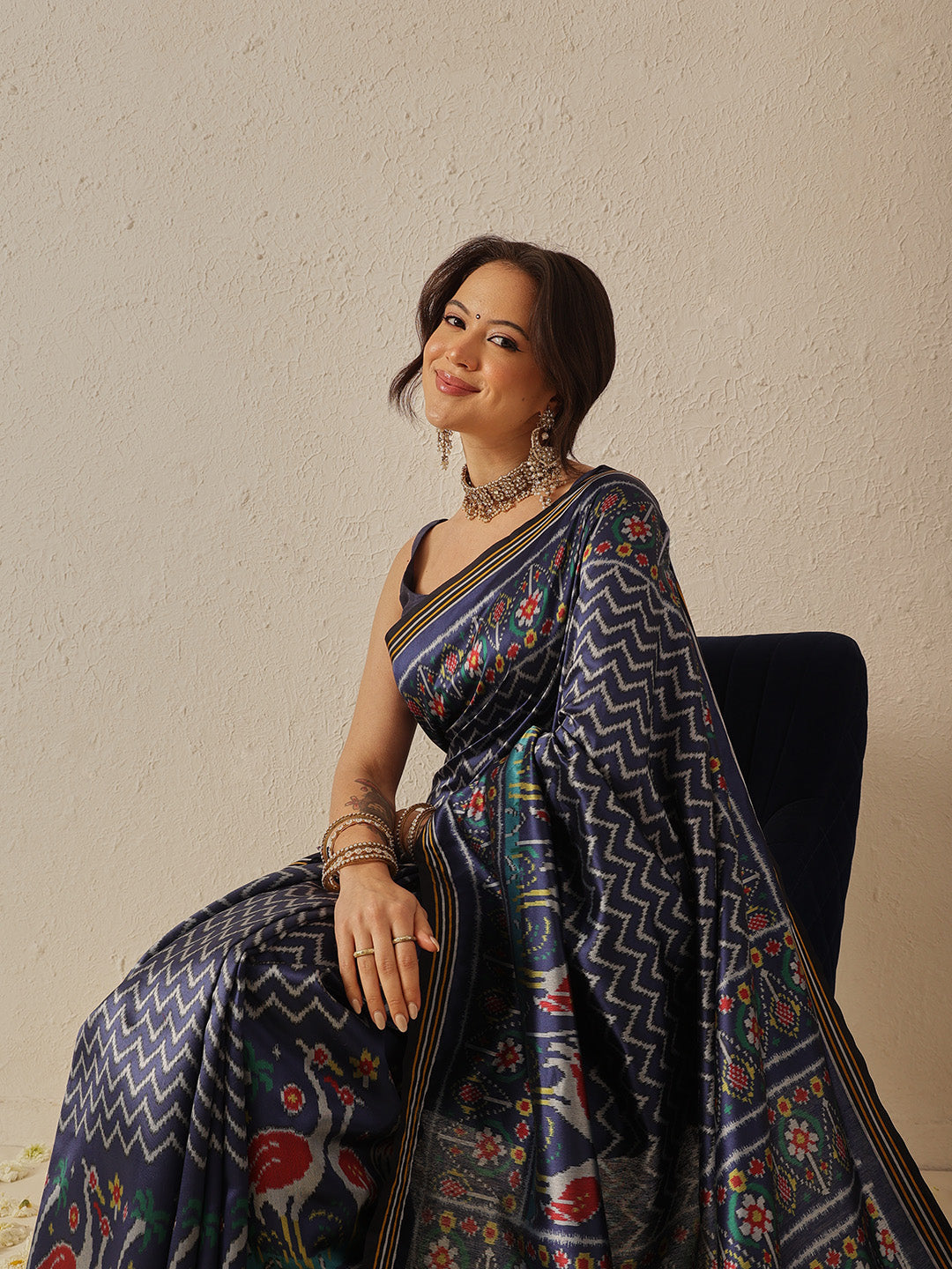 Multicolored Patola Twill Weave Saree for Women with Lagdi Patta Pallu and Tassel