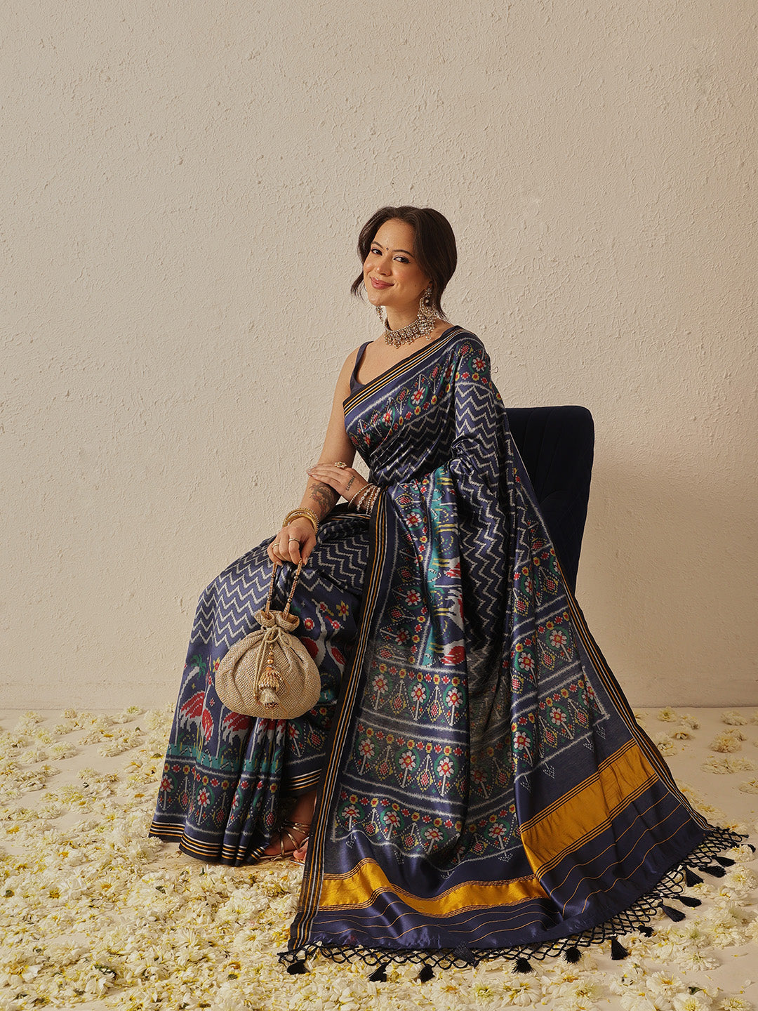 Multicolored Patola Twill Weave Saree for Women with Lagdi Patta Pallu and Tassel