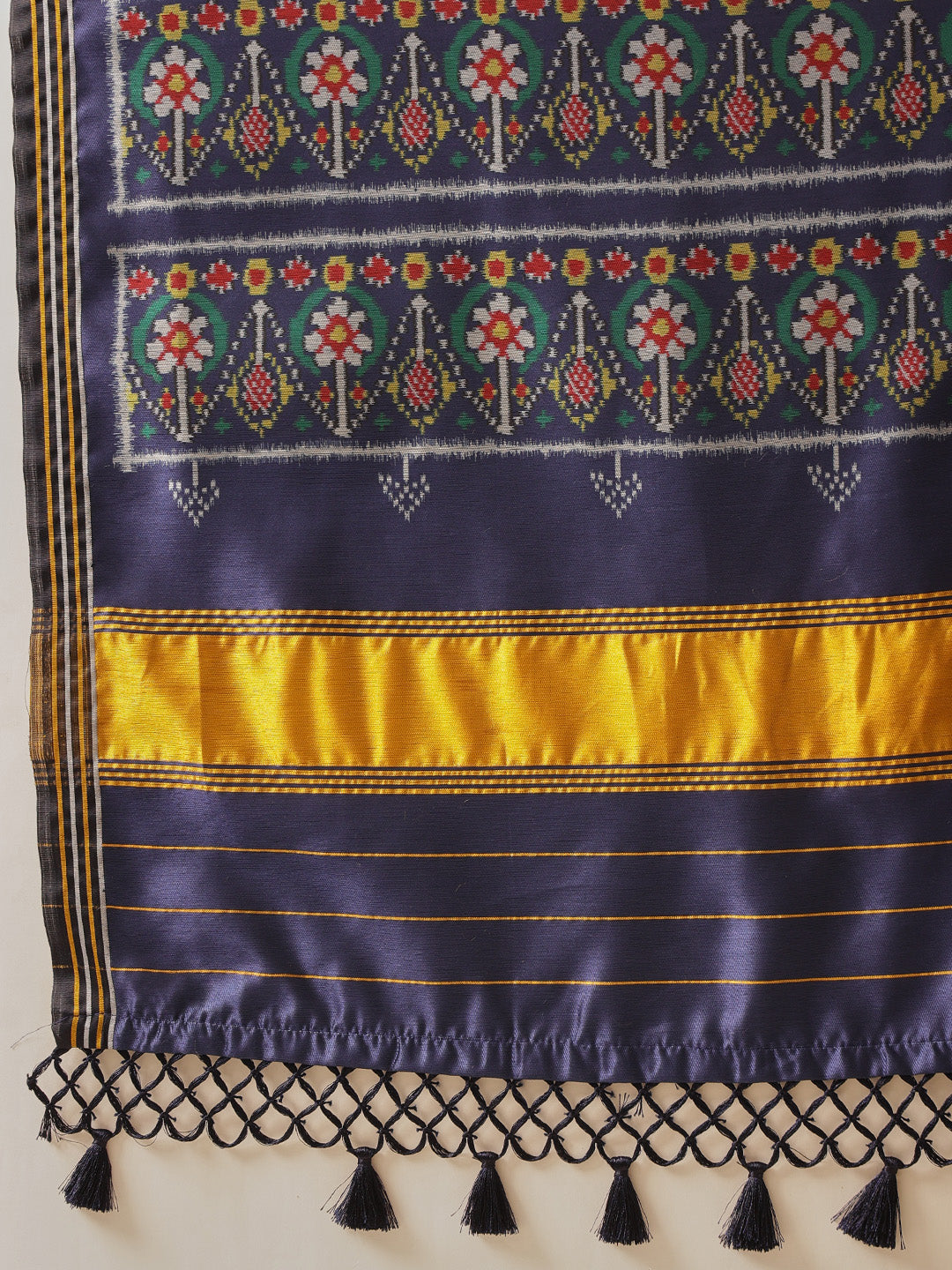 Multicolored Patola Twill Weave Saree for Women with Lagdi Patta Pallu and Tassel
