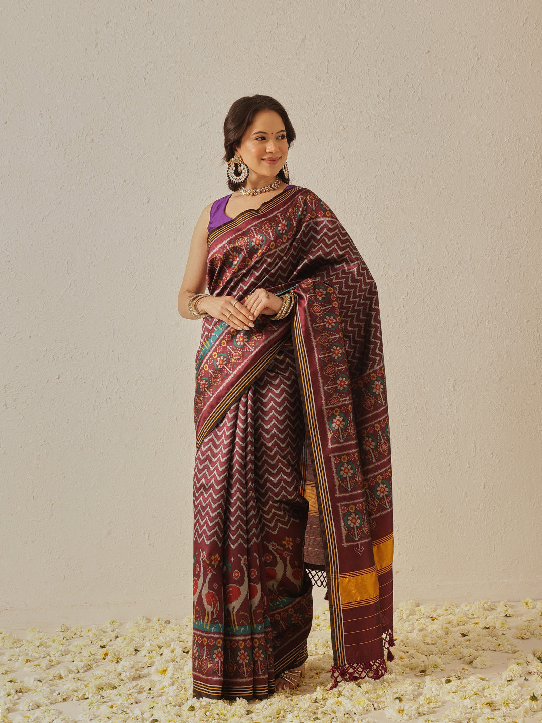 Multicolored Patola Twill Weave Saree for Women with Lagdi Patta Pallu and Tassel