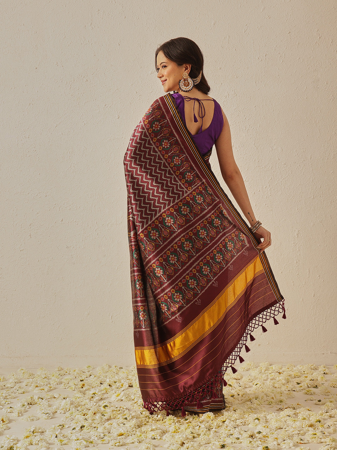 Multicolored Patola Twill Weave Saree for Women with Lagdi Patta Pallu and Tassel