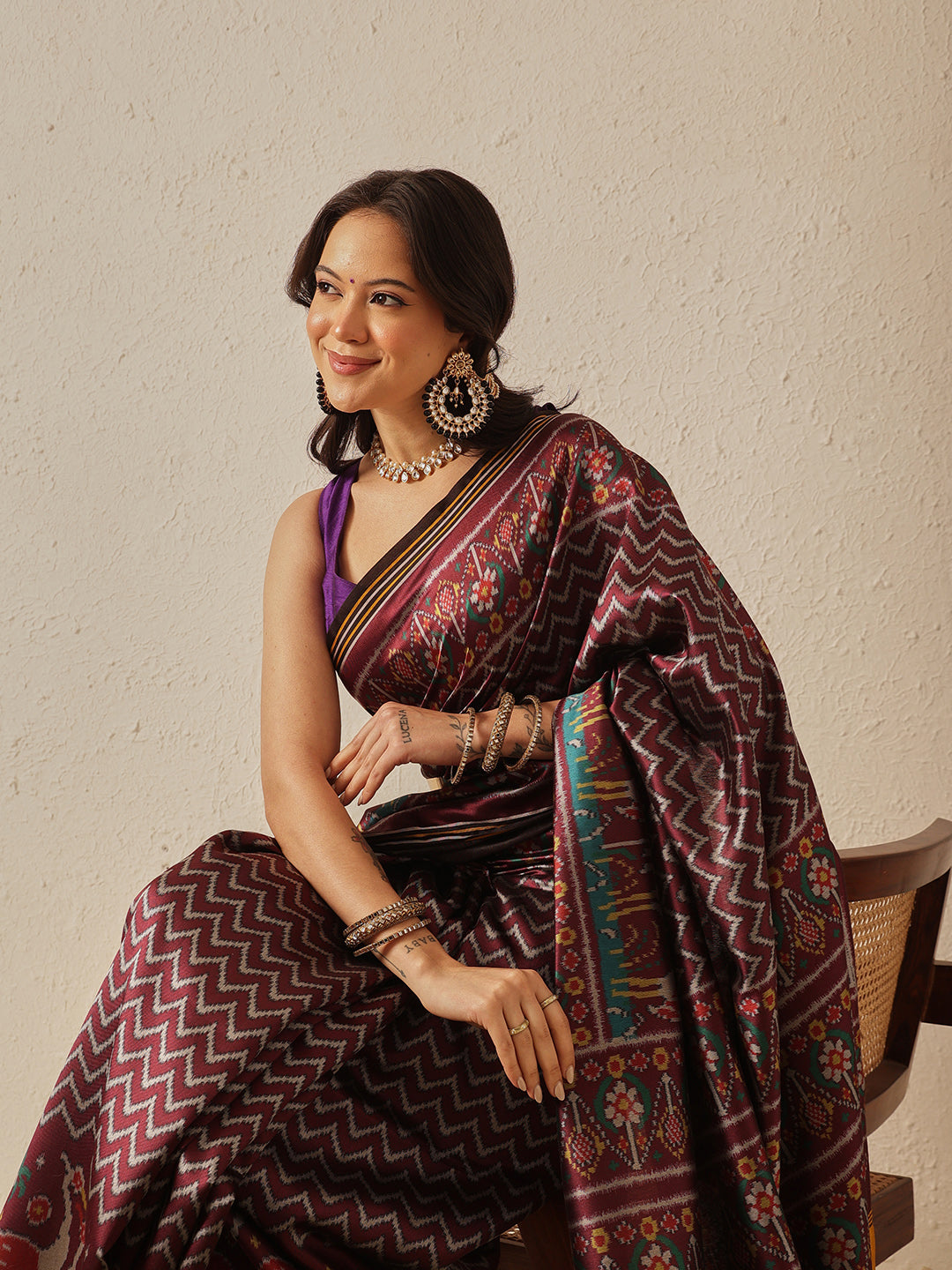 Multicolored Patola Twill Weave Saree for Women with Lagdi Patta Pallu and Tassel