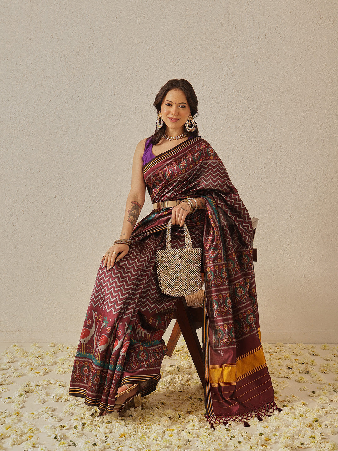 Multicolored Patola Twill Weave Saree for Women with Lagdi Patta Pallu and Tassel