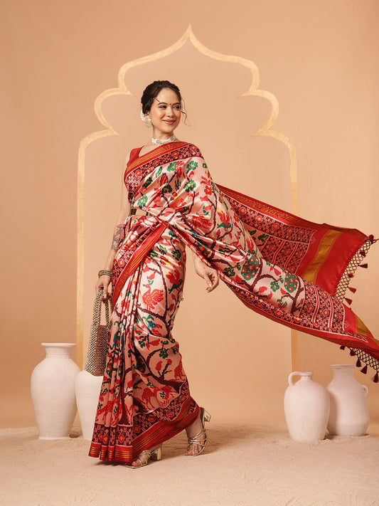 Women's Patola Twill Silk Saree With Lagdi Patta Pallu & Tassel