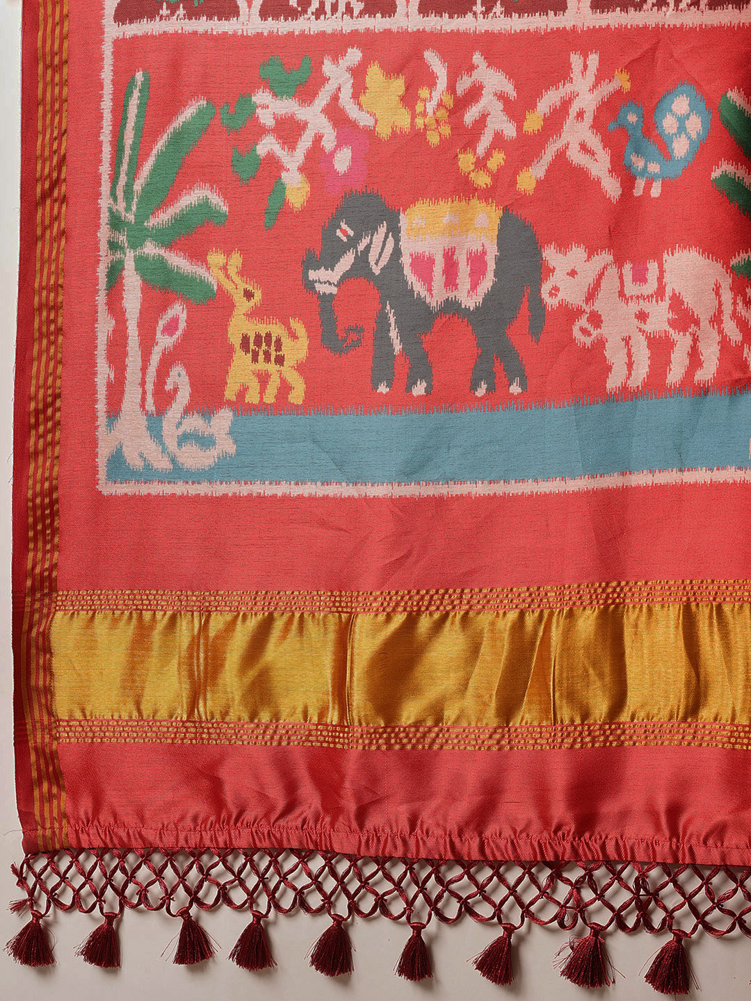 Women's Patola Twill Silk Saree With Lagdi Patta Pallu & Tassel